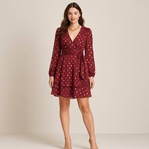 Darlin Wine & Gold Metallic Chiffon Dress – Size 9/10 – NWT